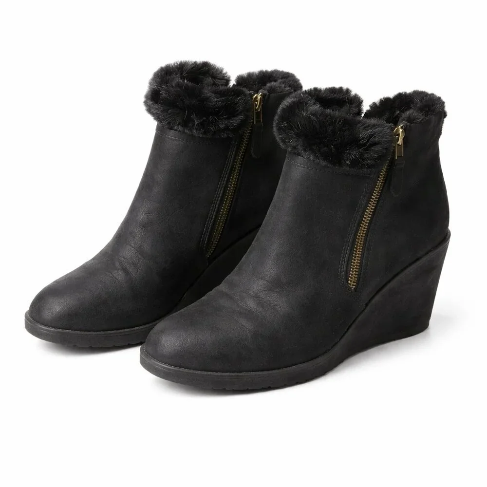 LANE BRYANT Black Wedge Ankle Faux Fur Booties Size 10W